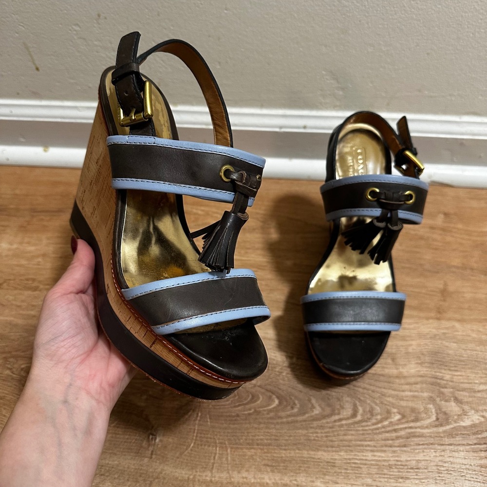 Coach | Women's Brown Blue Leather Tassel Cork Platform Wedge Sandals, 6.5B